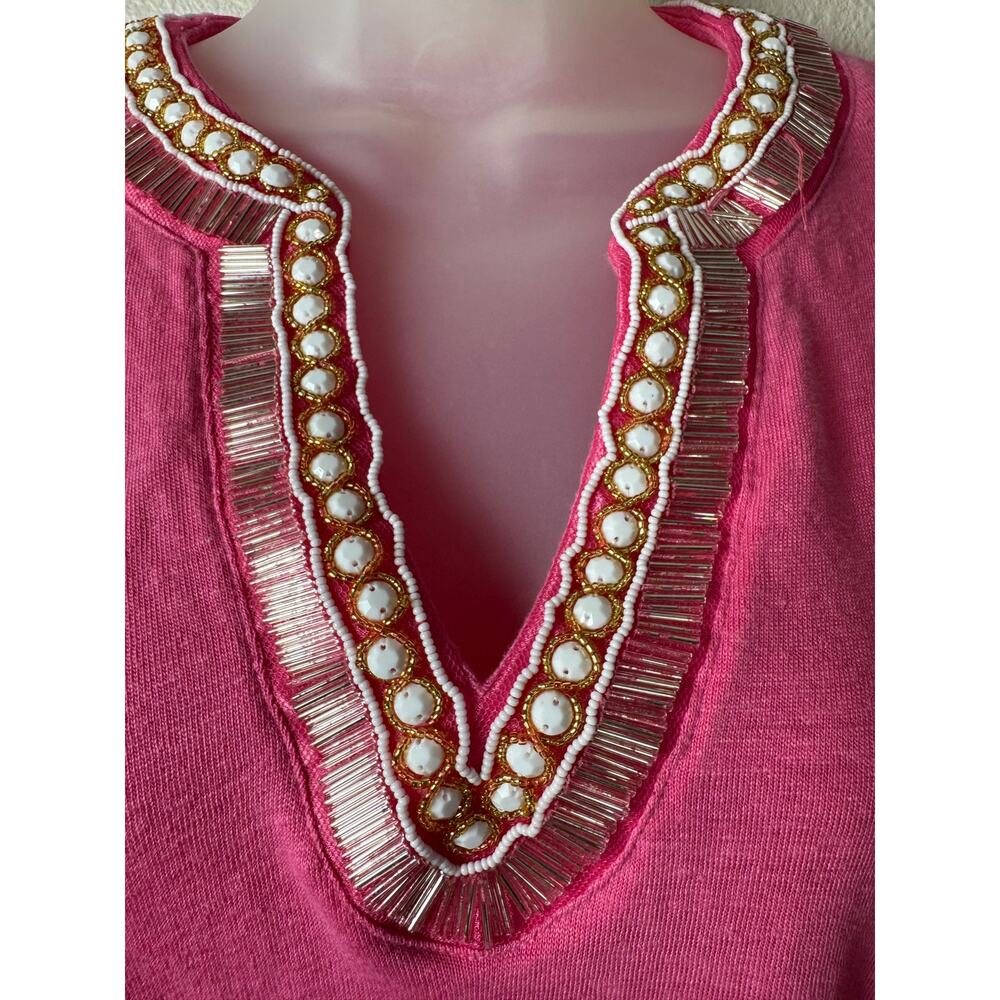 Chico’s Pink 100% Linen Beaded Embellished V-Neck Tunic Top XXL Resort Summer - Picture 7 of 9